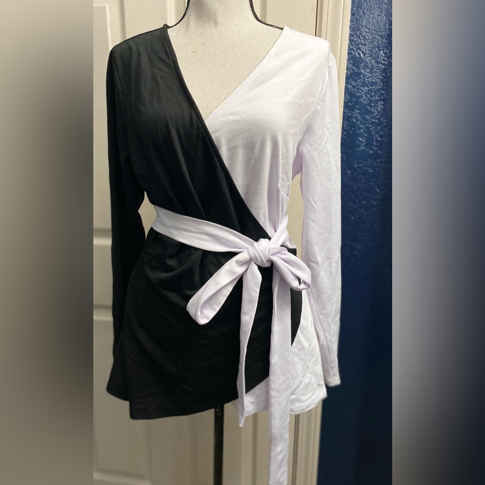 Eloquii Black and White Contrast Wrap Blouse